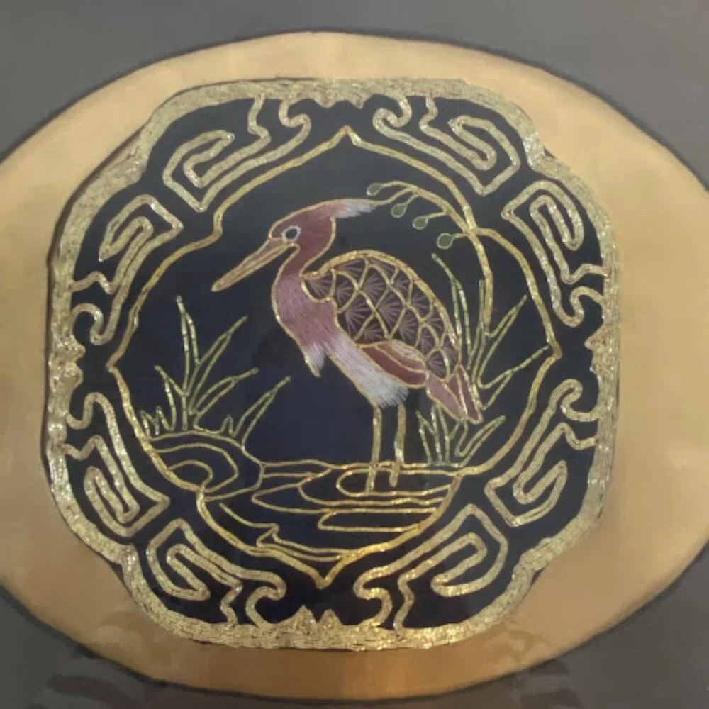 Vintage Gold Tone Heron Medallion Chinoiserie Framed Bird Art